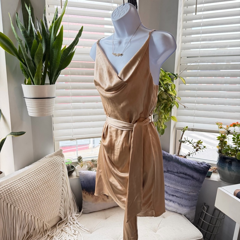 Mable Champagne Gold Satin Cowl Neck Dress – Size S